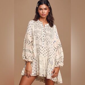 Free People Cream and Blue Patterned Shibori Tunic